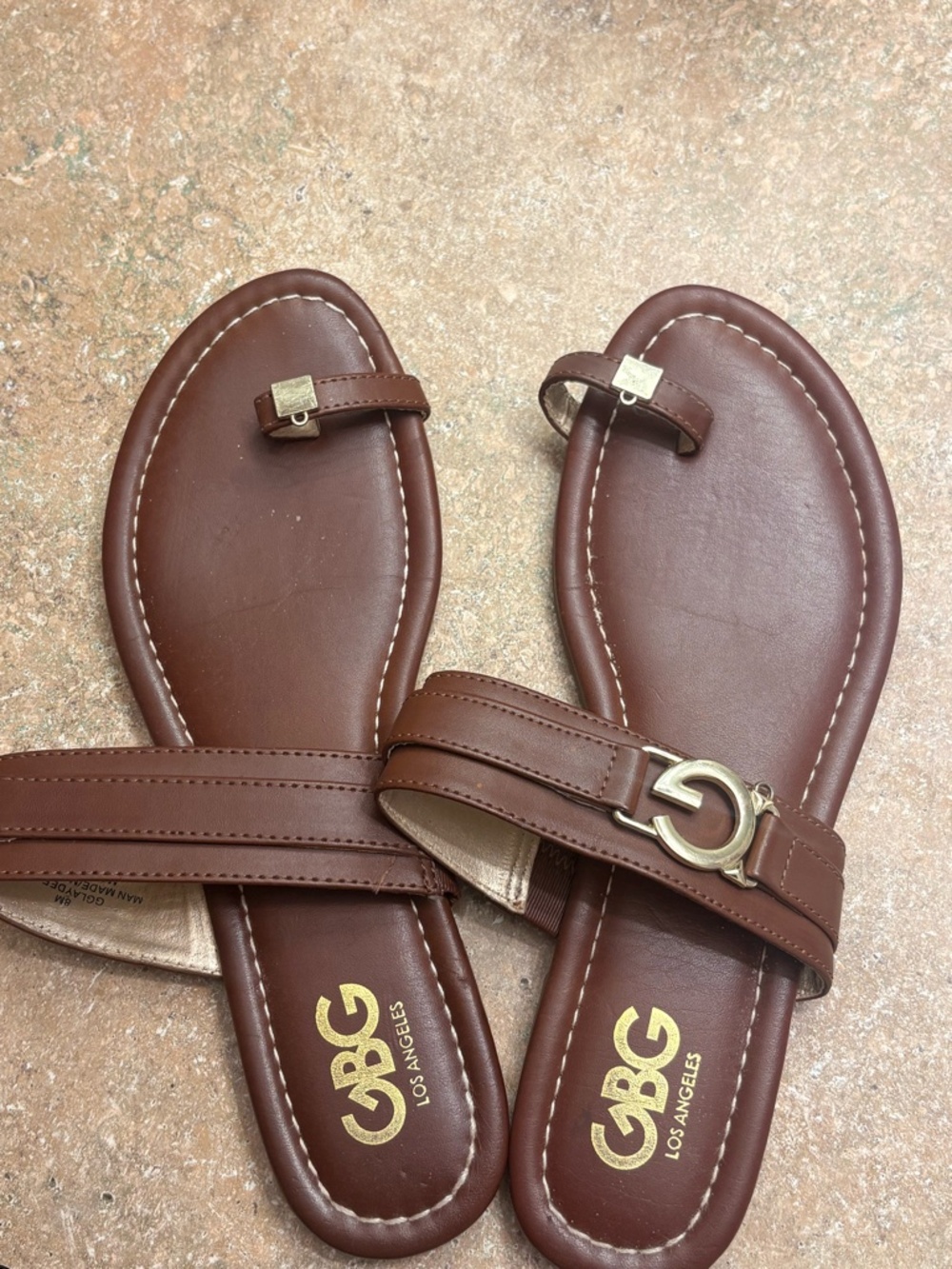 CBG Los Angeles Brown Gold Logo Thong Flat Sandals Women's